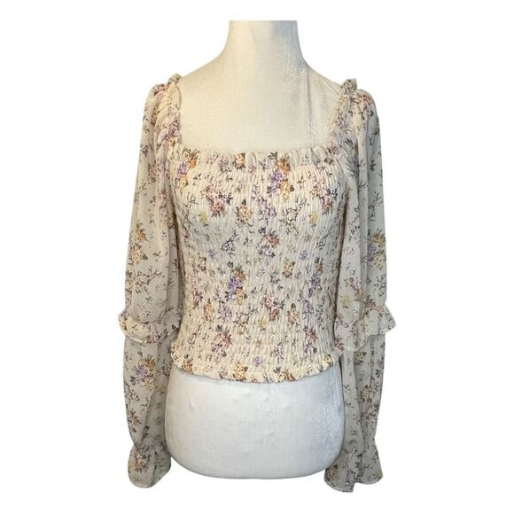 Wild Fable Smocked Georgette Blouse Light Pink Floral Print Ruffle Bubble Long S - Picture 1 of 7